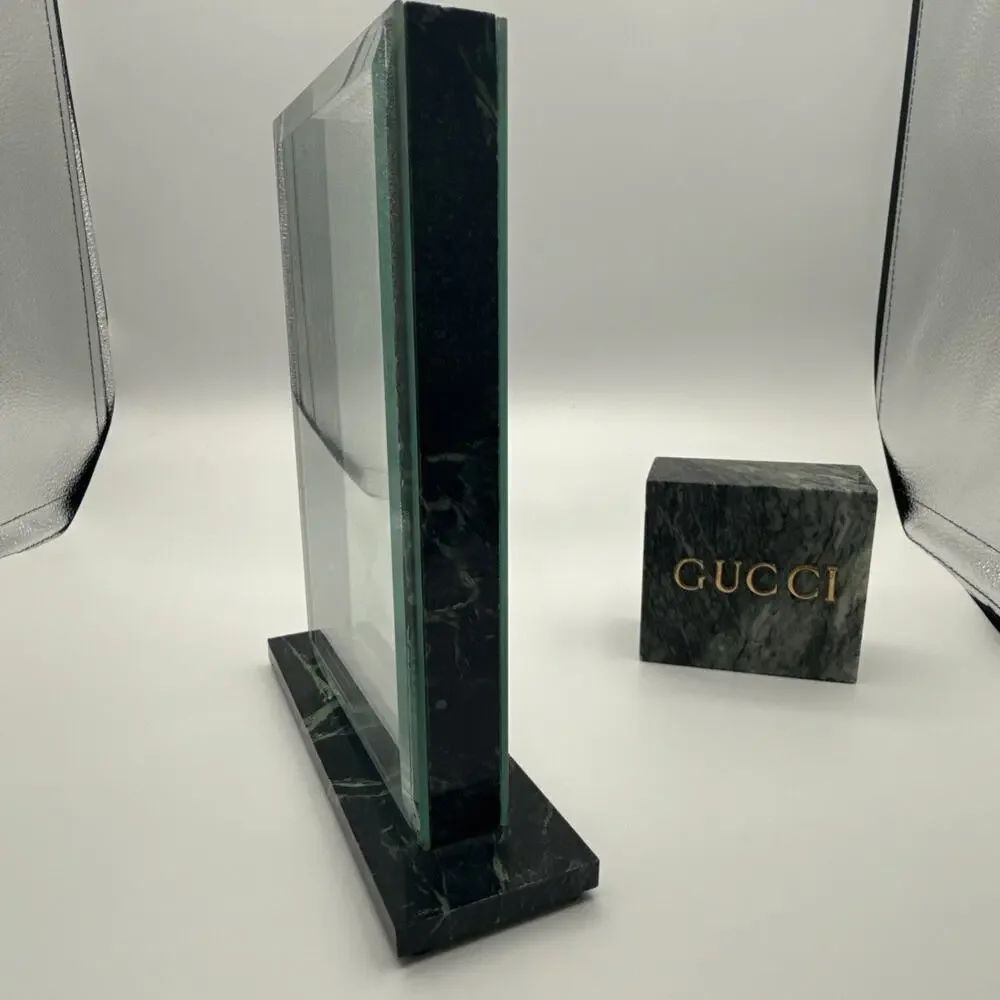 VTG Gucci Italy Green Marble Acrylic Vase Insert Sign Block Board Display Desk